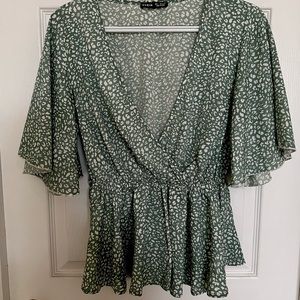 Low cut, cinched waist, sage green patterned blouse